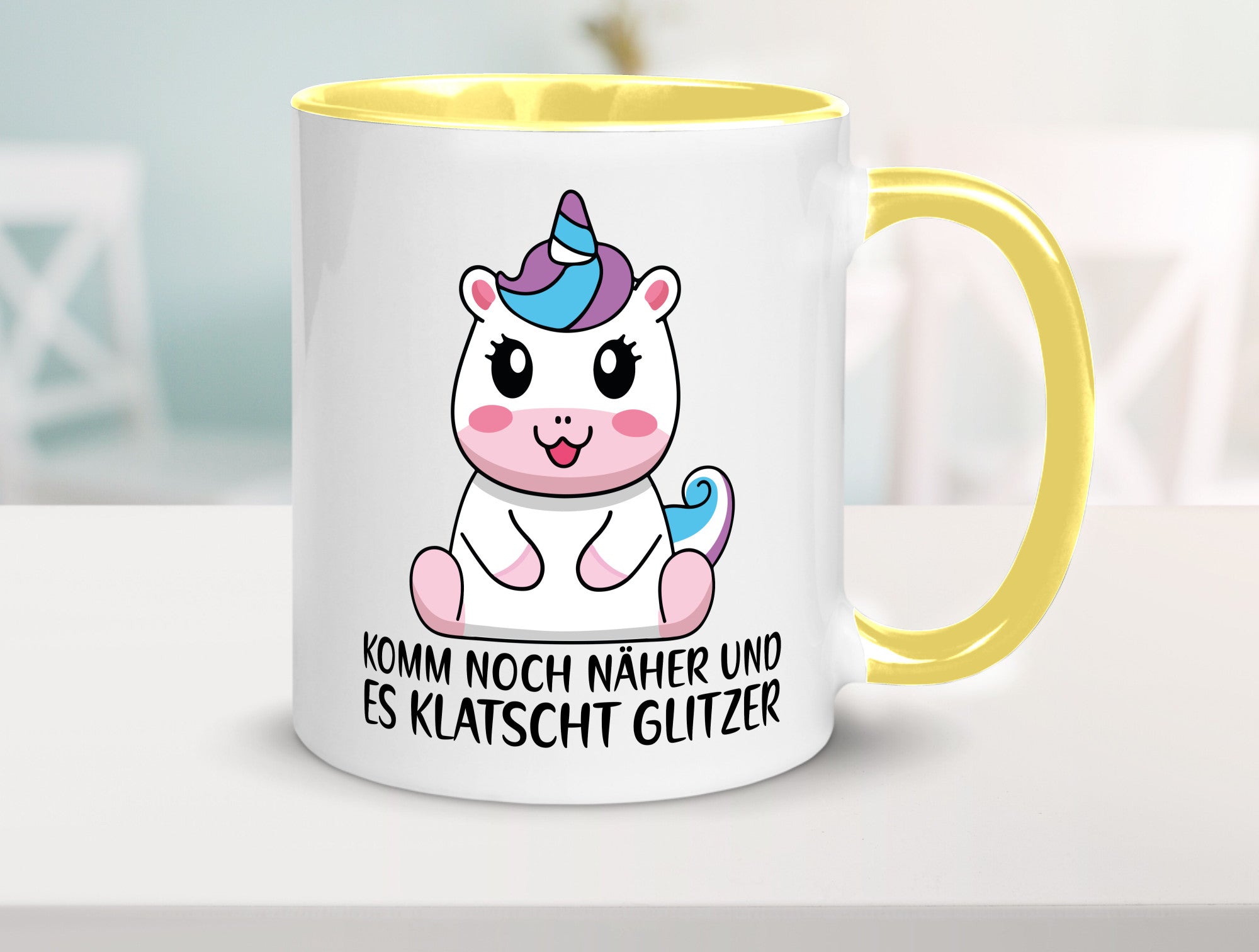 Komm näher und es klatscht Glitzer | Humor Einhorn Geschenkidee Tasse