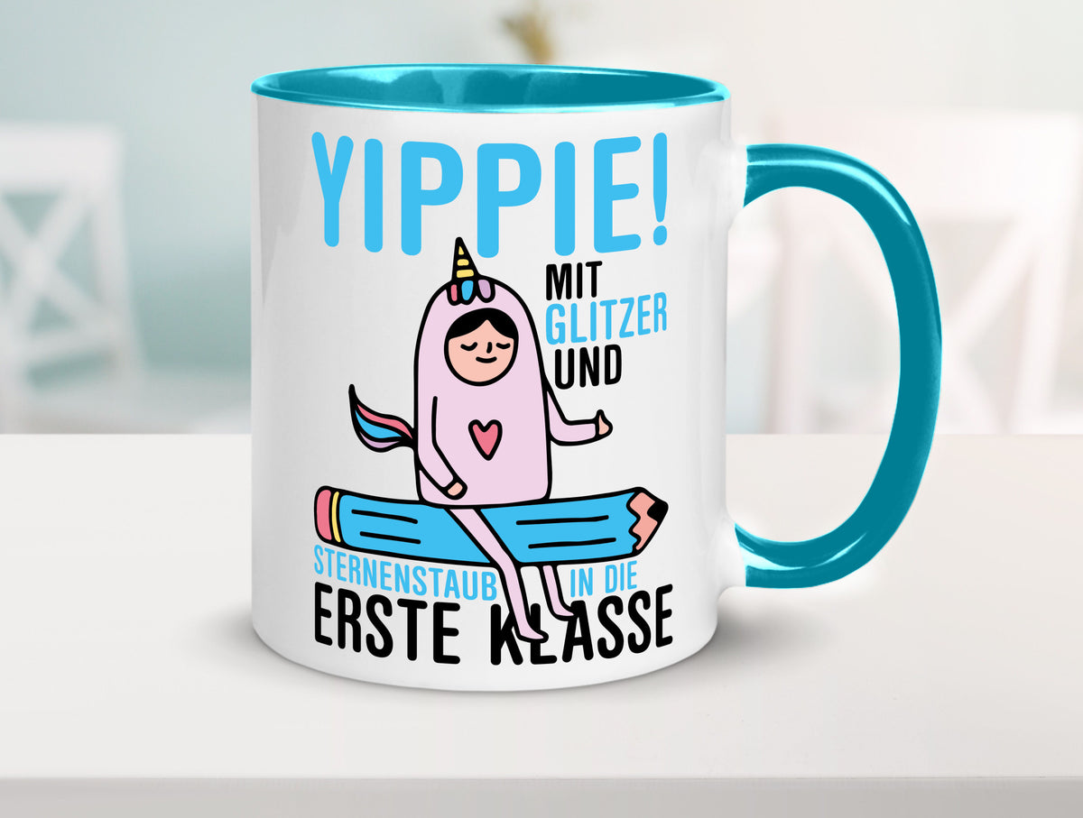 Mit Glitzer und Sternenstaub | Einschulung Einhorn lustiger Spruch Geschenk Tasse