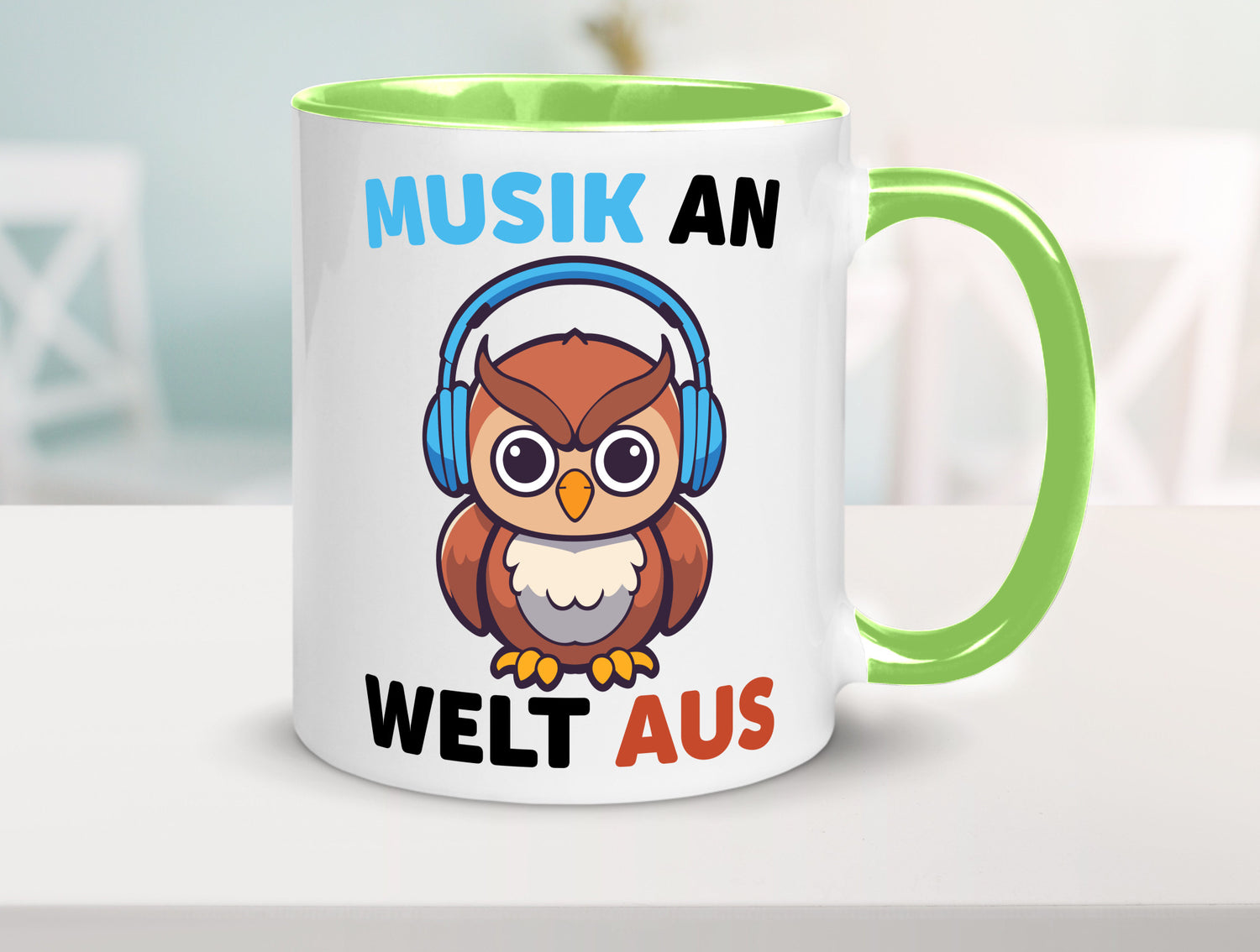 Musik an Welt aus | Eule hört lustiger Spruch Geschenk Humor Geschenkidee Tasse