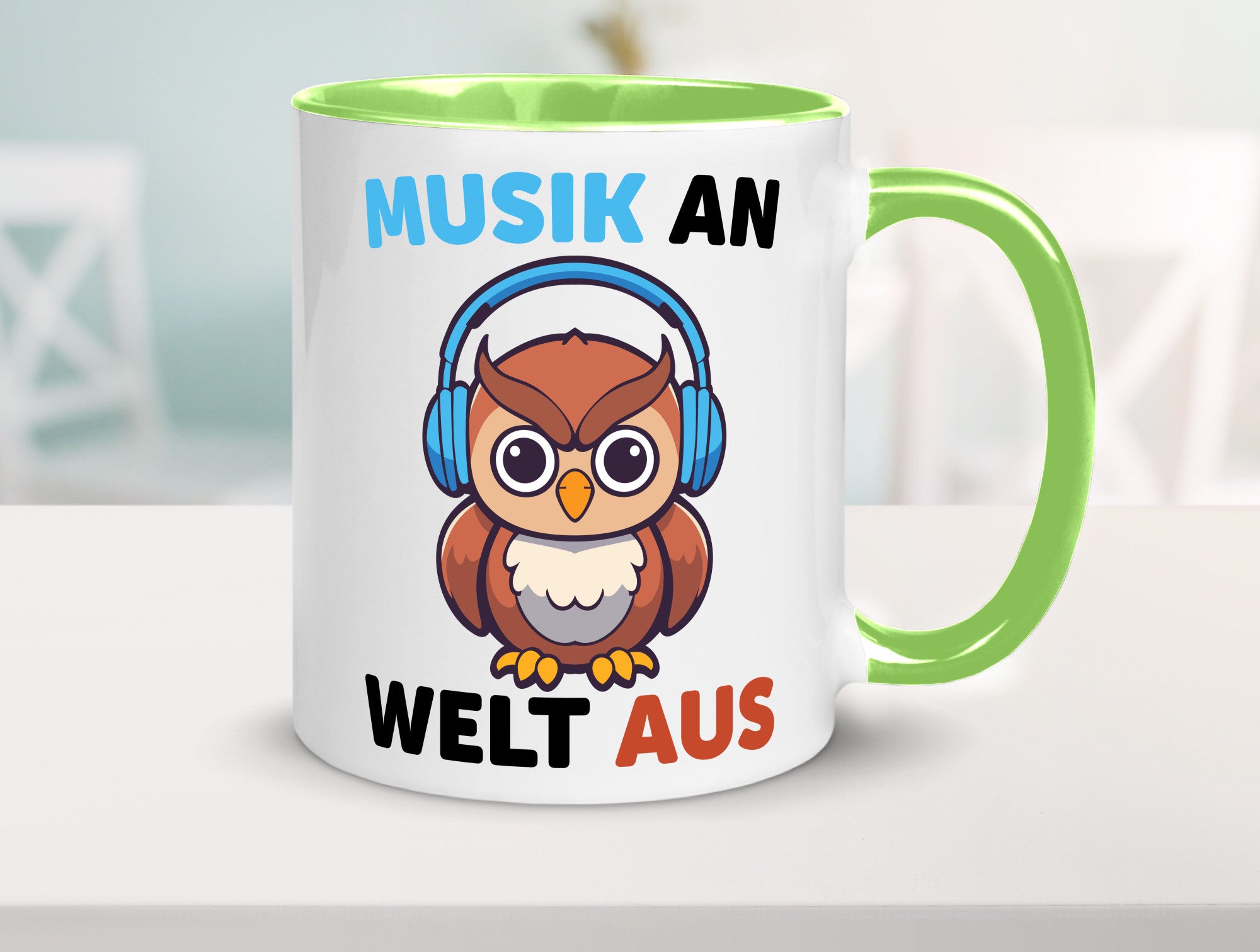 Musik an Welt aus | Eule hört lustiger Spruch Geschenk Humor Geschenkidee Tasse