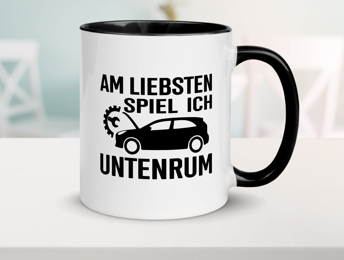 Am liebsten spiele ich unten rum | Autoliebhaber Werkstatt lustiger Spruch Tasse