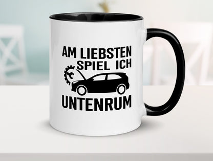 Am liebsten spiele ich unten rum | Autoliebhaber Werkstatt lustiger Spruch Tasse