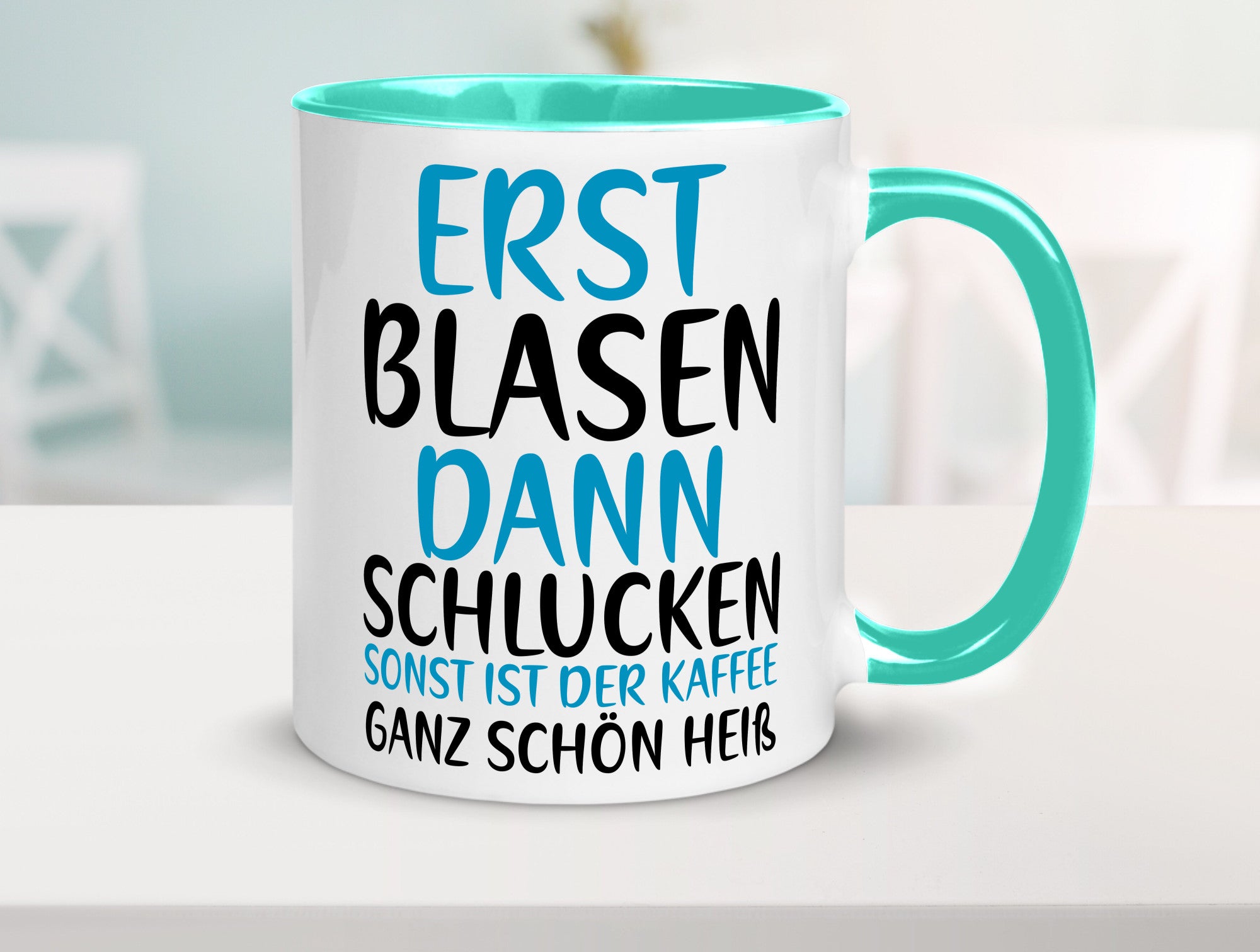 Erst Blasen dann Schlucken | kecker Spruch Lippenstift Geschenkidee Humor Tasse