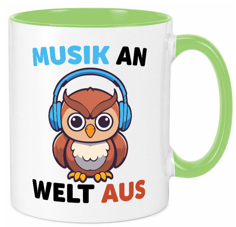 Musik an Welt aus | Eule hört lustiger Spruch Geschenk Humor Geschenkidee Tasse