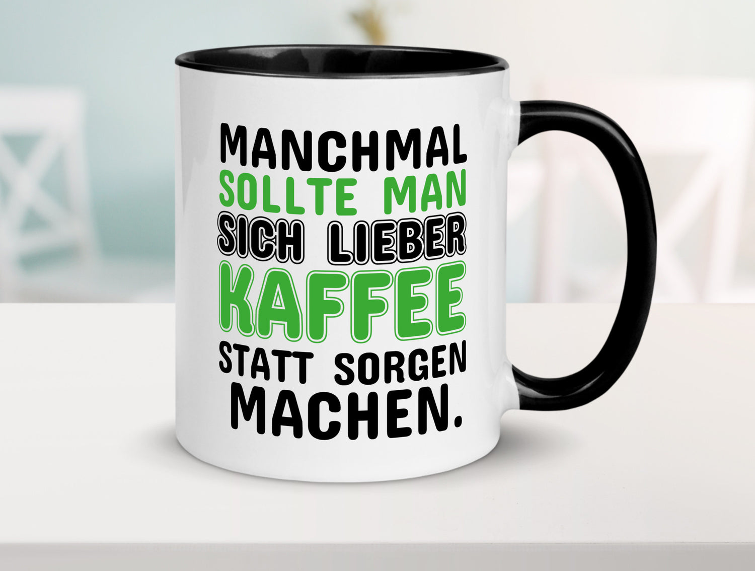 Kaffee statt sorgen lustiger Spruch Geschenk Humor Geschenkidee Tasse