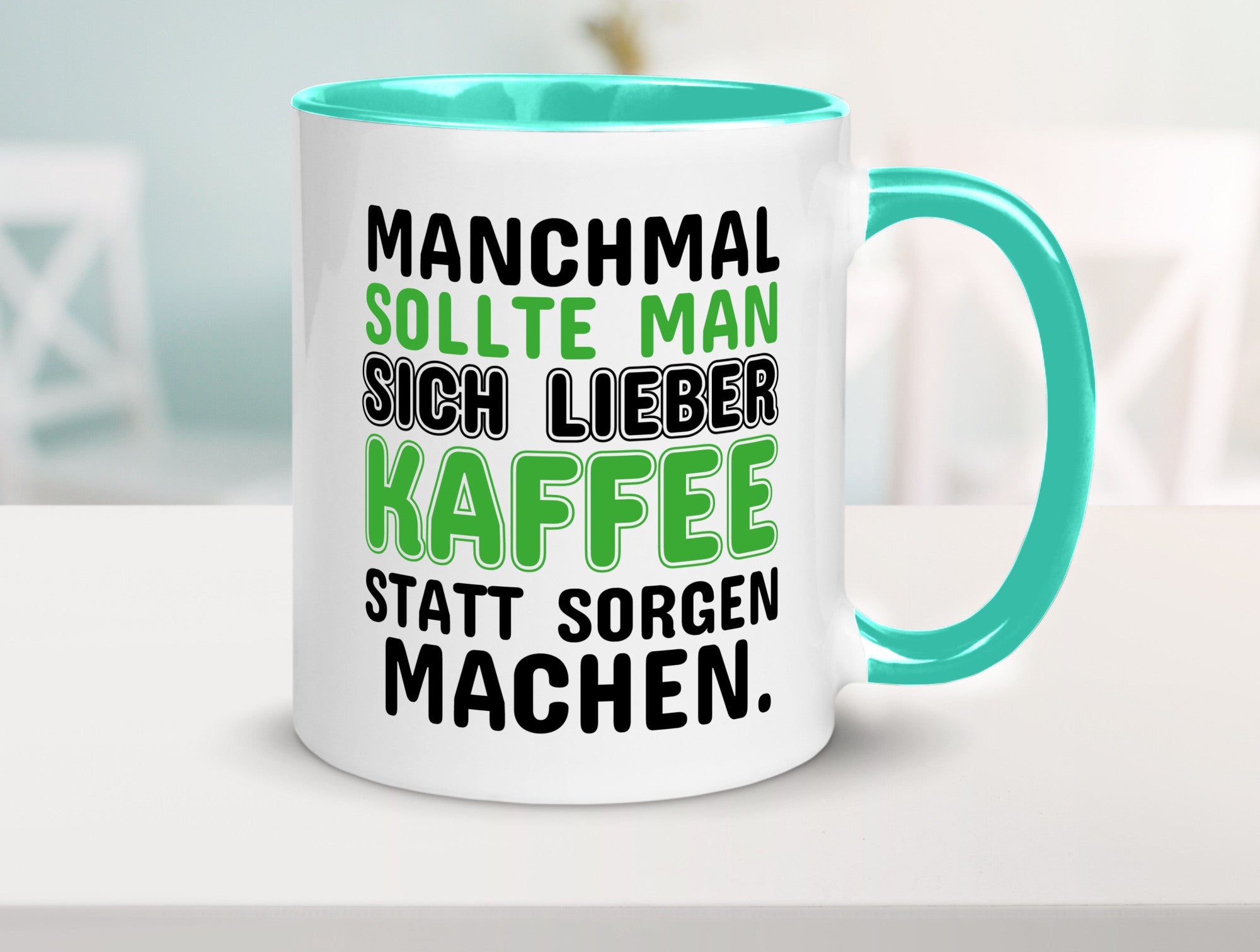 Kaffee statt sorgen lustiger Spruch Geschenk Humor Geschenkidee Tasse