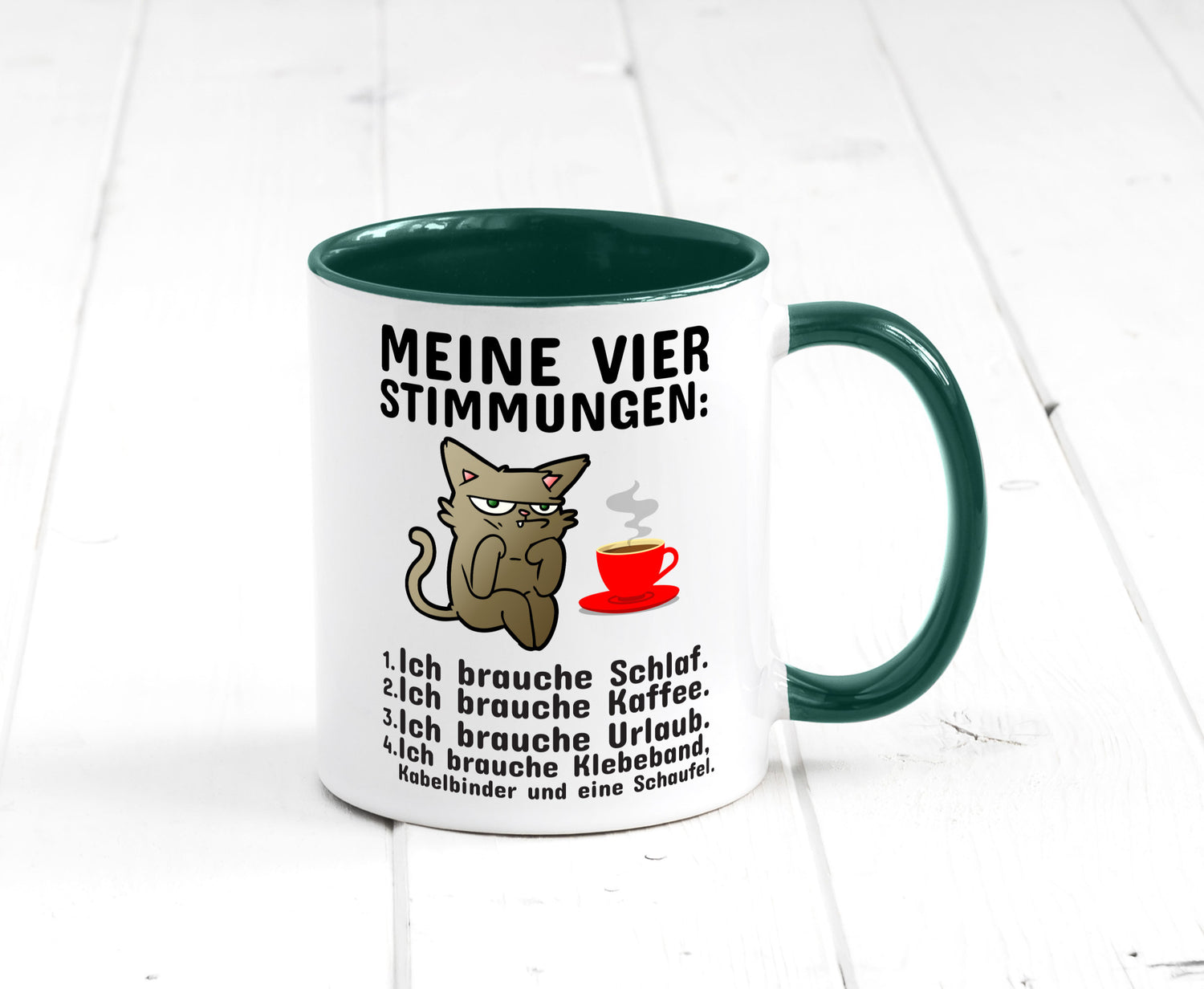 Vier Stimmungen | Morgenmuffel Tasse mürrische Katze Humor Tierliebhaber