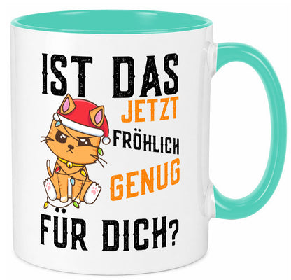 Ist das fröhlich genug | Katze Weihnachten Lichterkette Geschenk Tierliebhaber Tasse