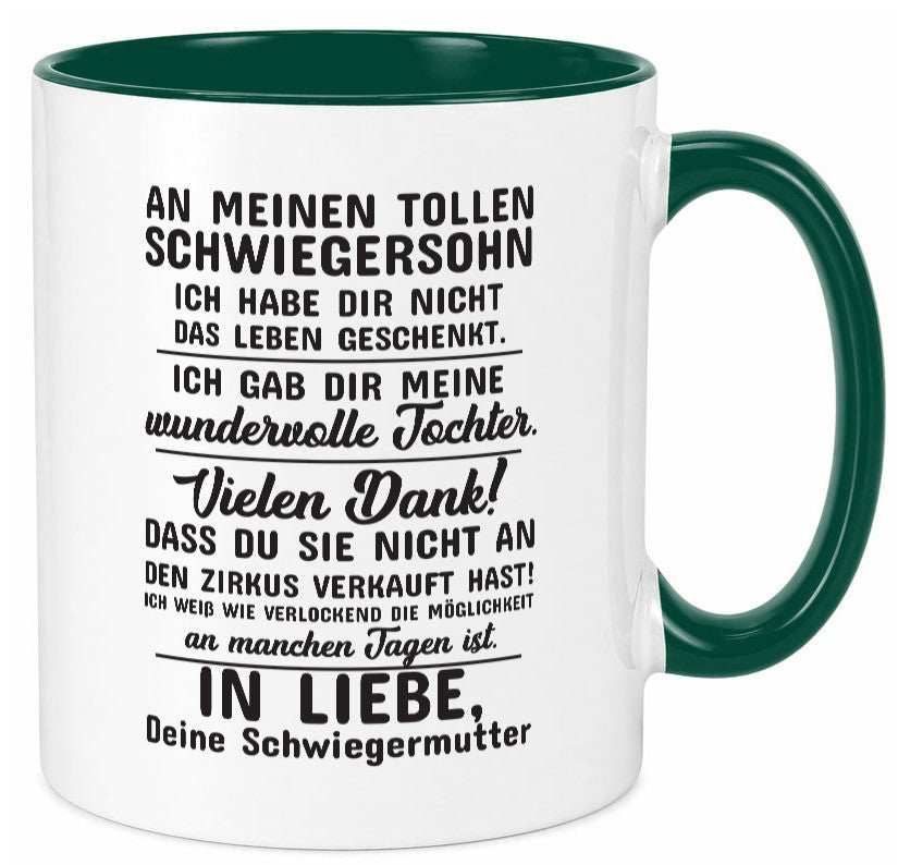 An meinen tollen Schwiegersohn lustiger Spruch Geschenk Familie Geschenkidee Tasse