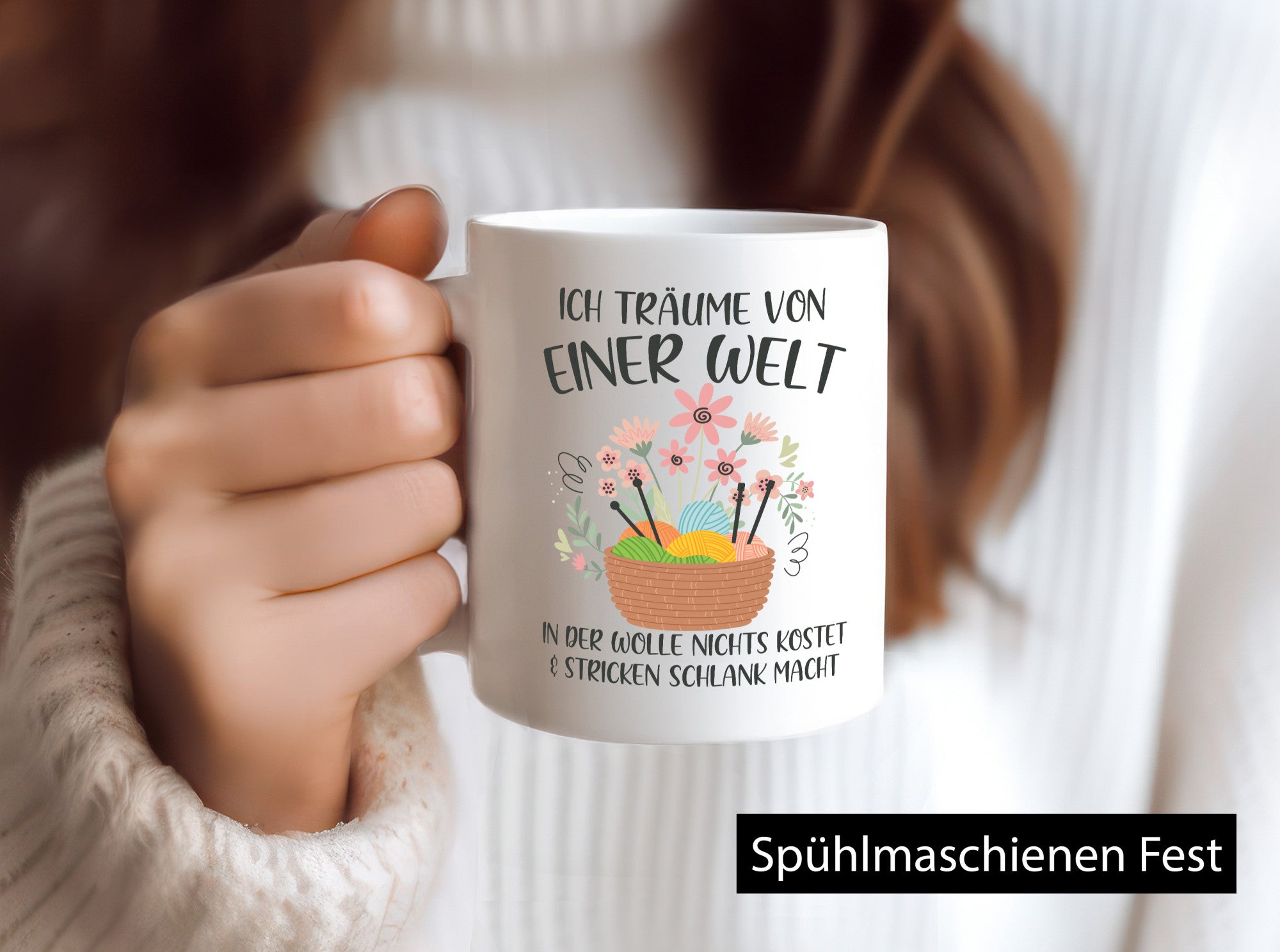 Träume von Wolle die nichts kostet | Korb Strick Blumen lustiger Spruch