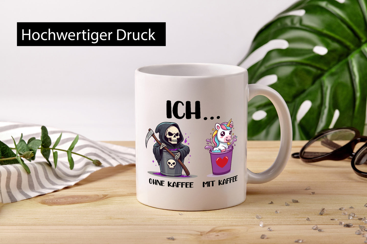 Ich mit und ohne Kaffee | Einhorn Kaffeetrinker v2 Humor Geschenkidee Tasse