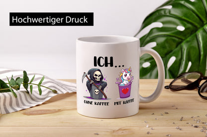 Ich mit und ohne Kaffee | Einhorn Kaffeetrinker v2 Humor Geschenkidee Tasse