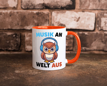 Musik an Welt aus | Eule hört lustiger Spruch Geschenk Humor Geschenkidee Tasse