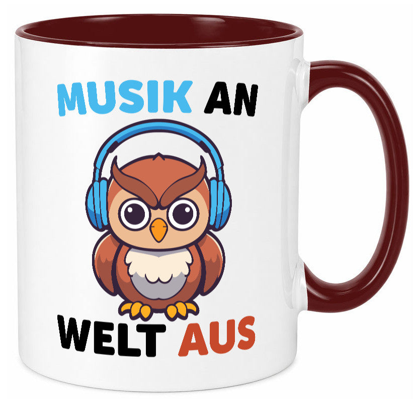 Musik an Welt aus | Eule hört lustiger Spruch Geschenk Humor Geschenkidee Tasse