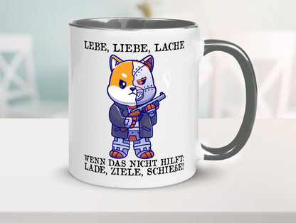 Lebe Liebe Lache | Sarkasmus Katze mit Gewehr Comic Geschenk Tierliebhaber