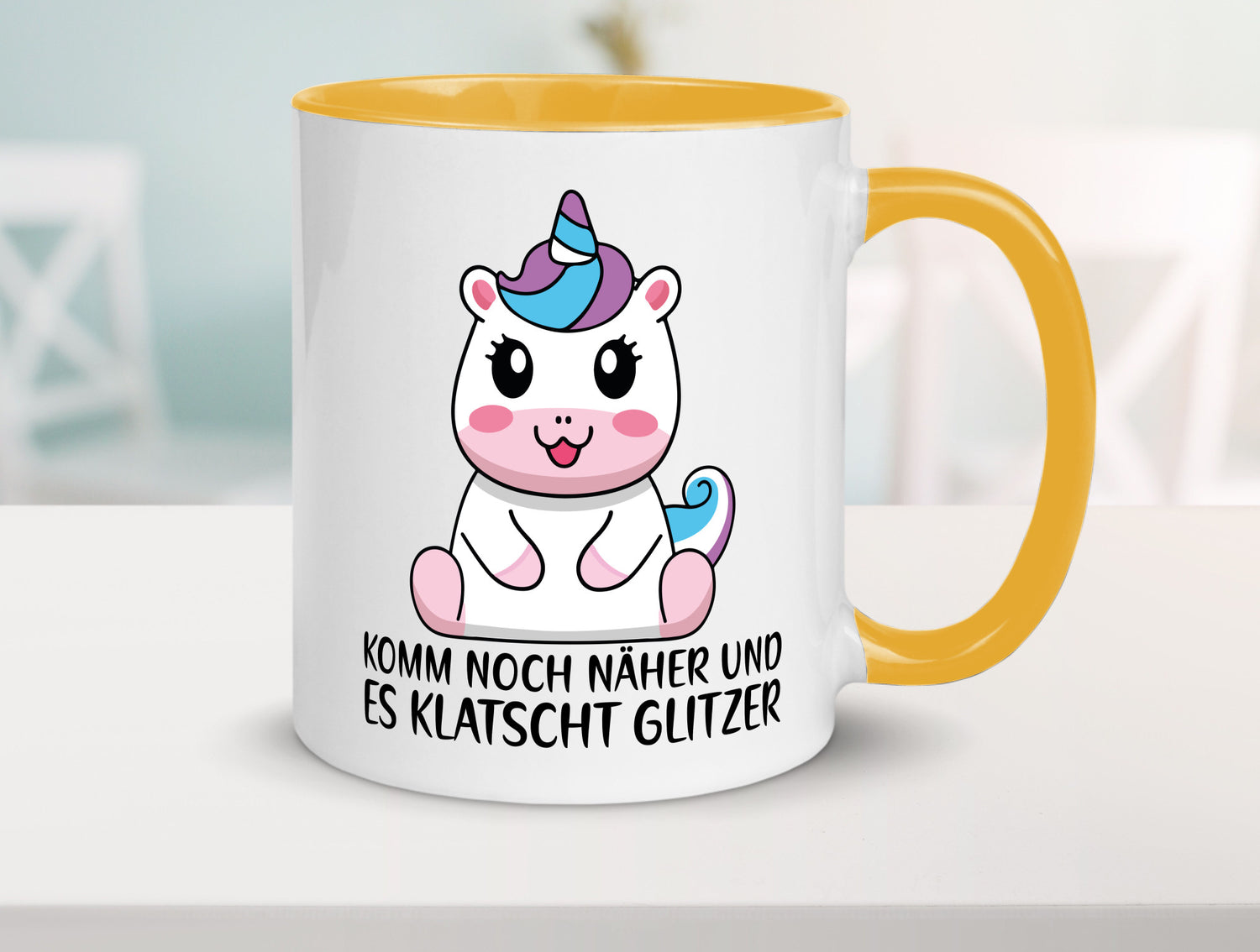 Komm näher und es klatscht Glitzer | Humor Einhorn Geschenkidee Tasse