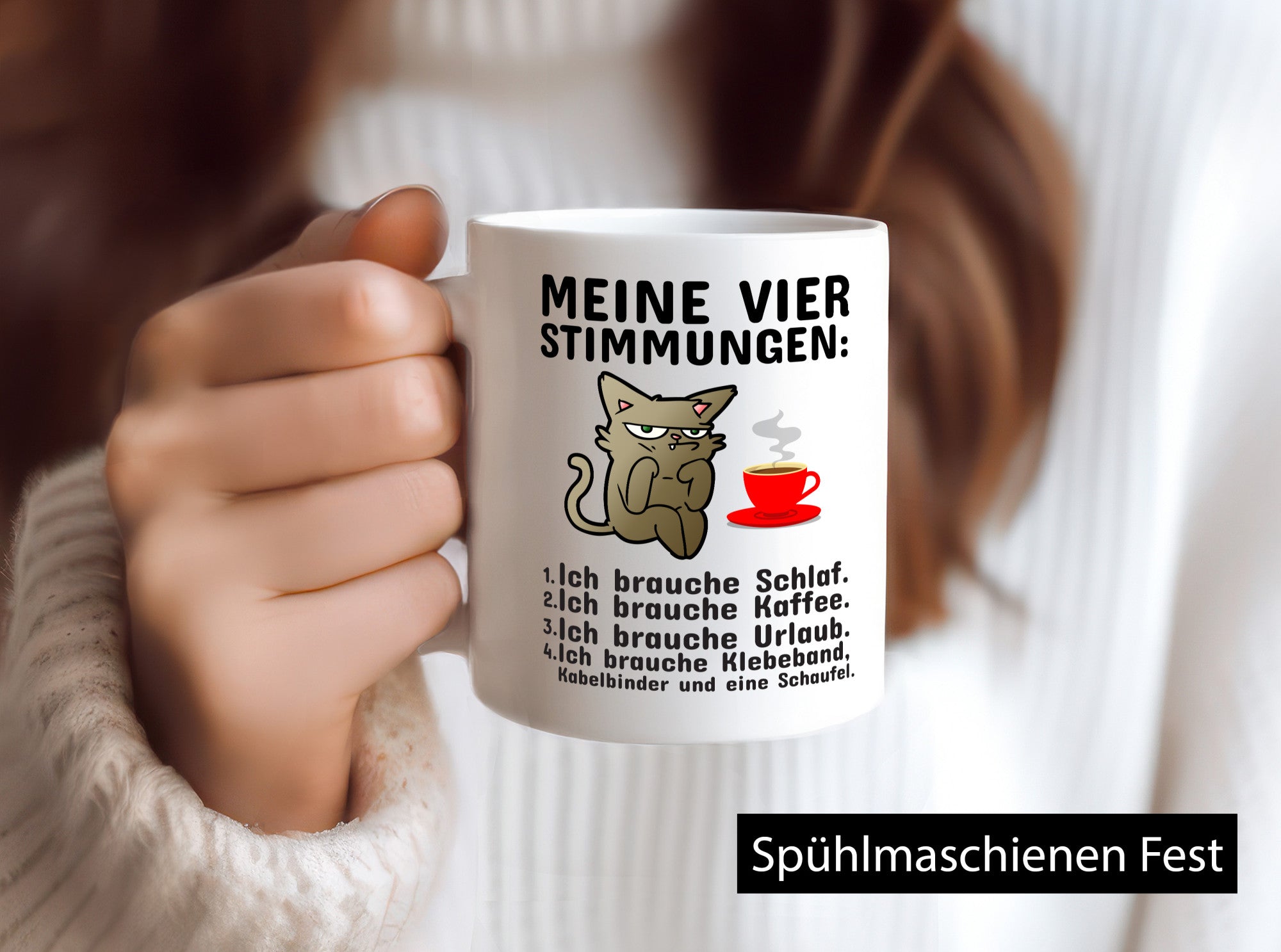 Vier Stimmungen | Morgenmuffel Tasse mürrische Katze Humor Tierliebhaber