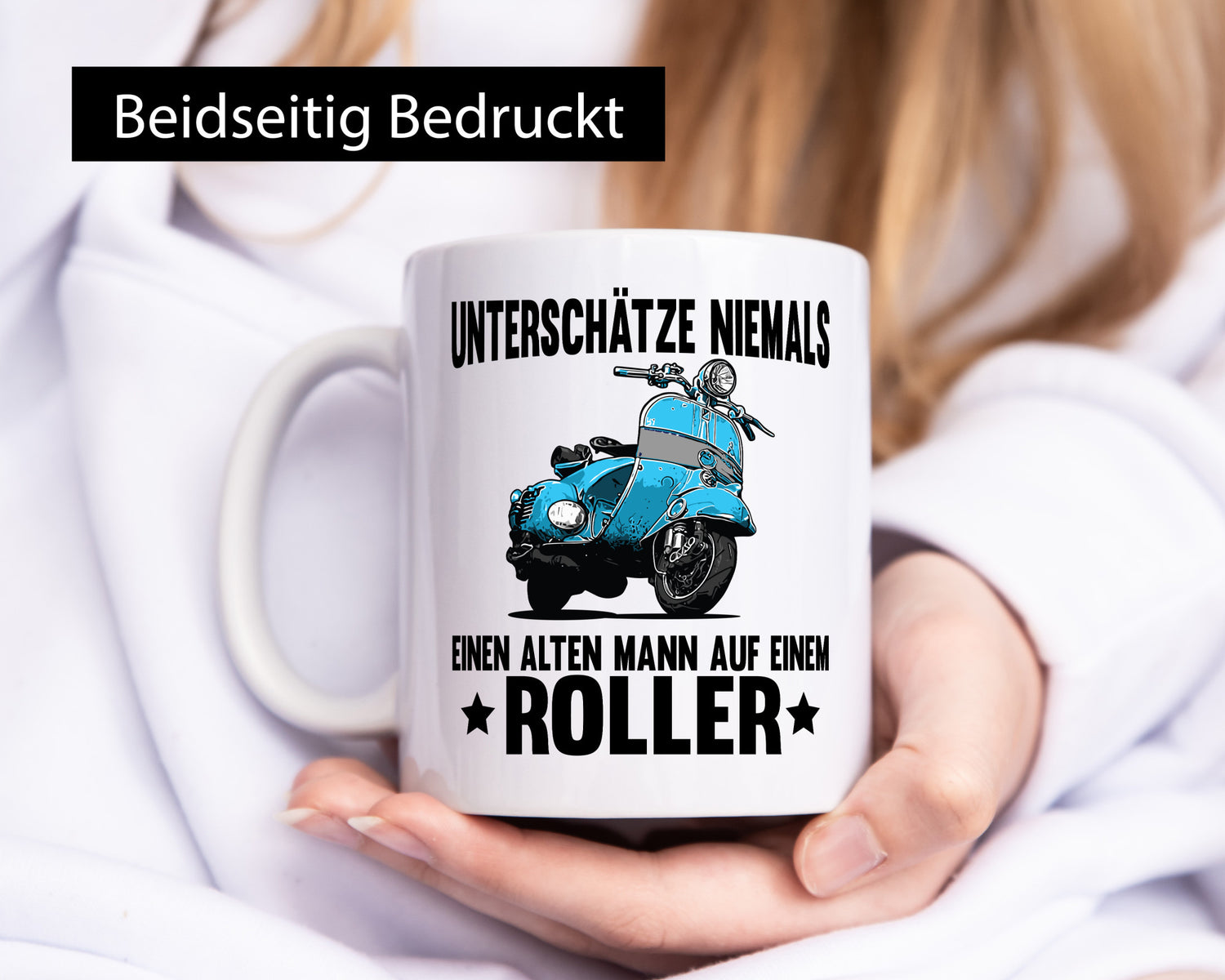 Unterschätze niemals einen alten mann auf einem Roller Humor Geschenkidee Tasse