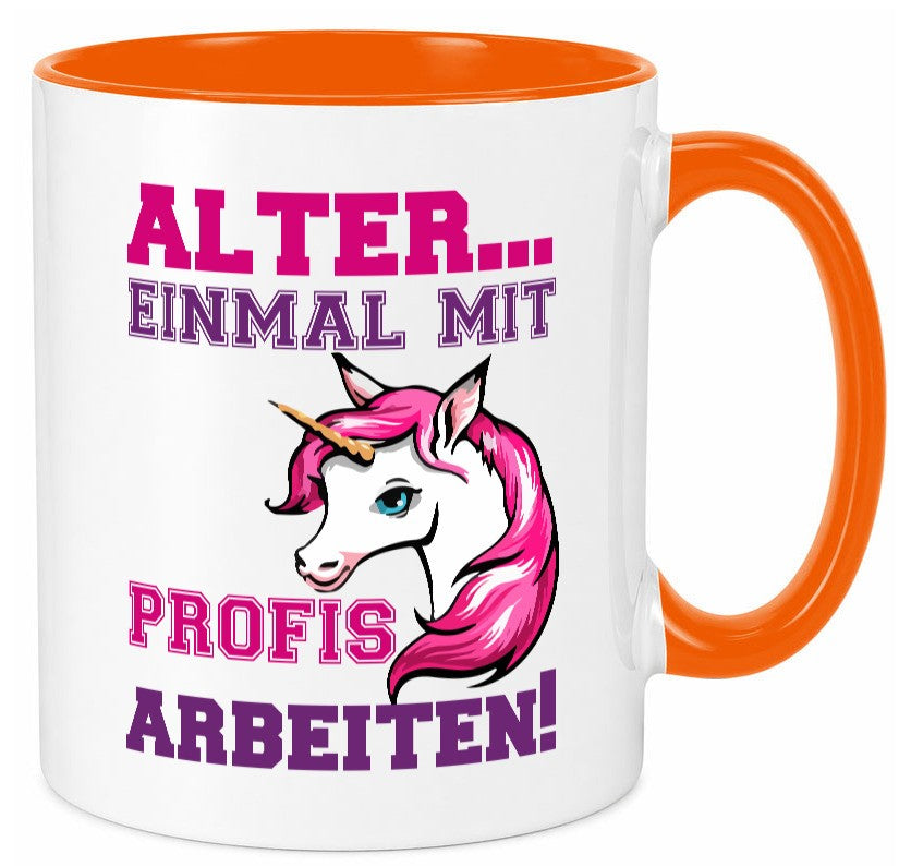 Mit Profis arbeiten | grimmiges Einhorn witzige Tasse Humor Arbeit Kollegen