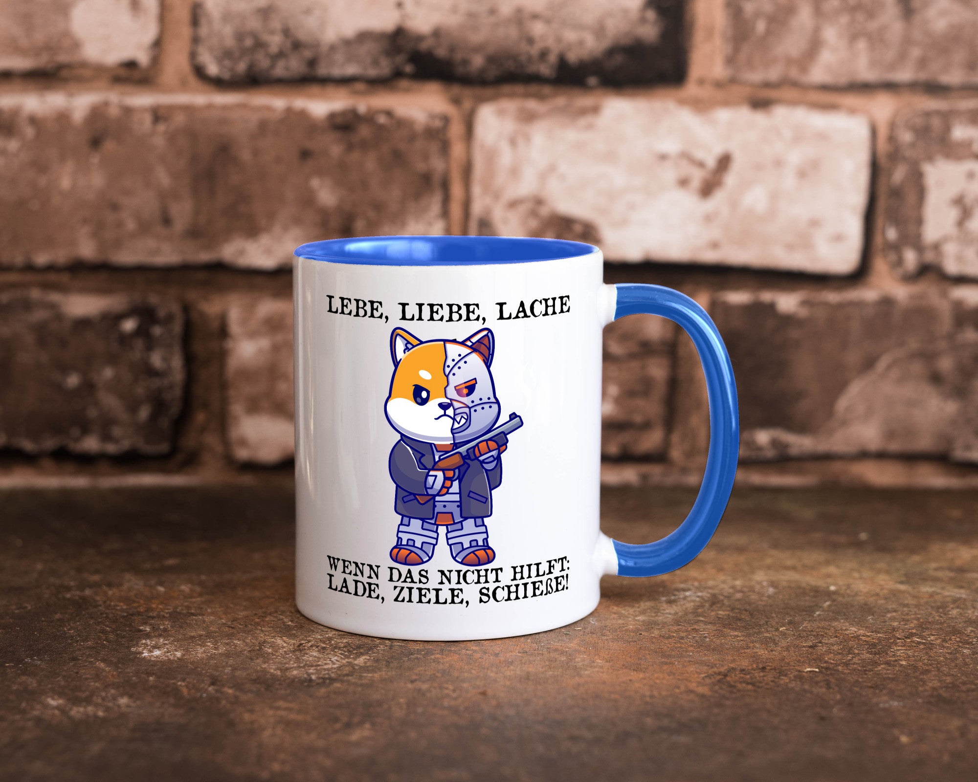 Lebe Liebe Lache | Sarkasmus Katze mit Gewehr Comic Geschenk Tierliebhaber