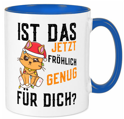 Ist das fröhlich genug | Katze Weihnachten Lichterkette Geschenk Tierliebhaber Tasse