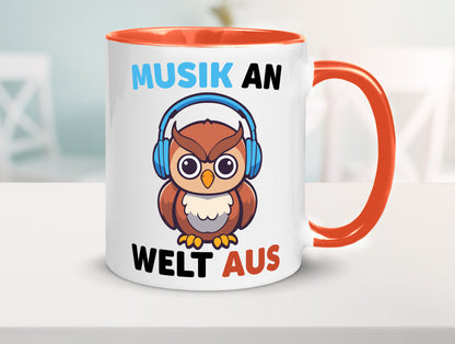Musik an Welt aus | Eule hört lustiger Spruch Geschenk Humor Geschenkidee Tasse
