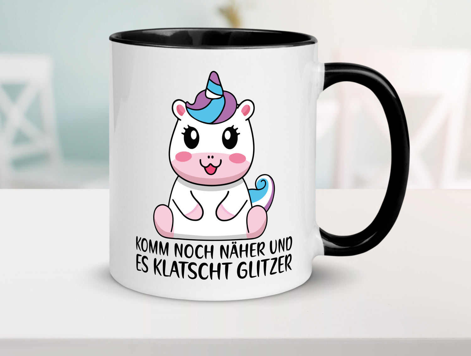 Komm näher und es klatscht Glitzer | Humor Einhorn Geschenkidee Tasse