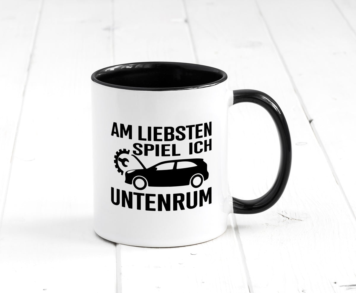 Am liebsten spiele ich unten rum | Autoliebhaber Werkstatt lustiger Spruch Tasse