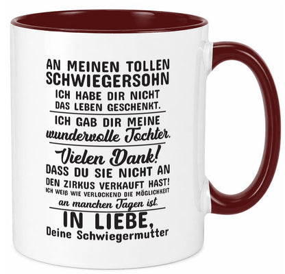 An meinen tollen Schwiegersohn lustiger Spruch Geschenk Familie Geschenkidee Tasse