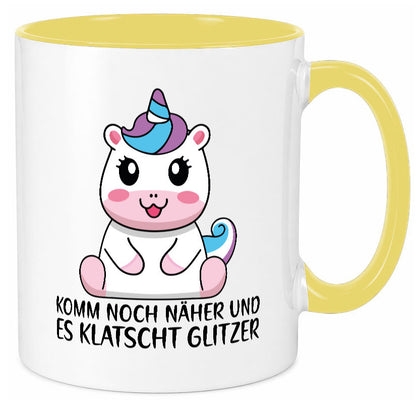 Komm näher und es klatscht Glitzer | Humor Einhorn Geschenkidee Tasse
