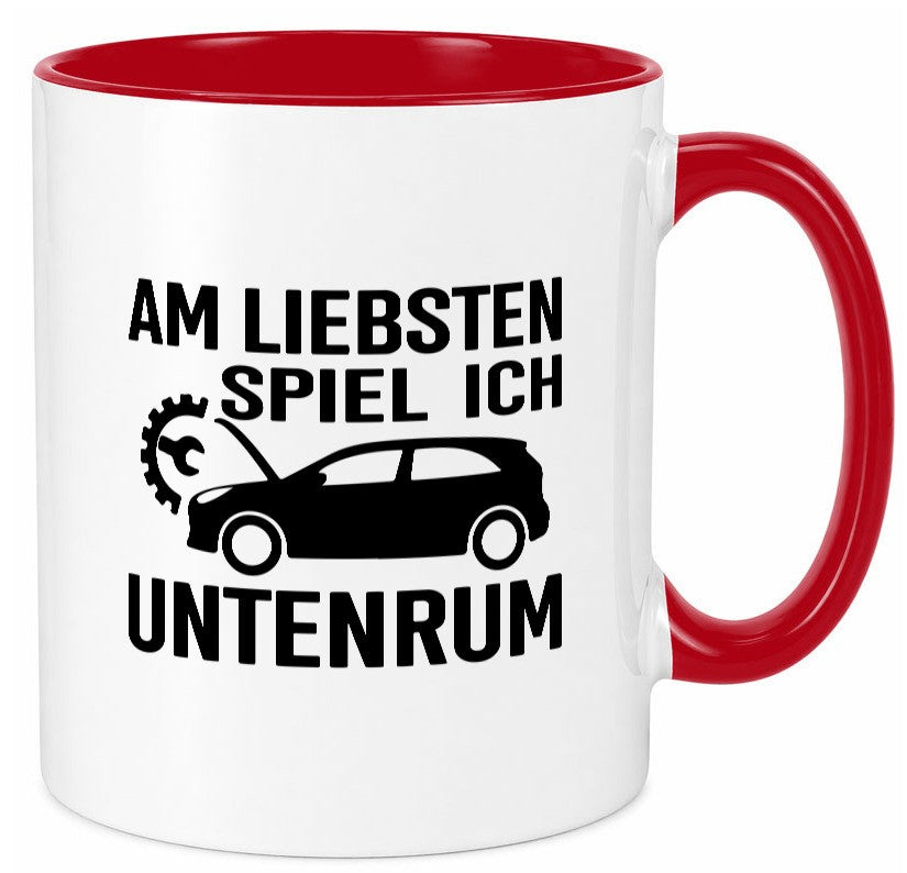 Am liebsten spiele ich unten rum | Autoliebhaber Werkstatt lustiger Spruch Tasse