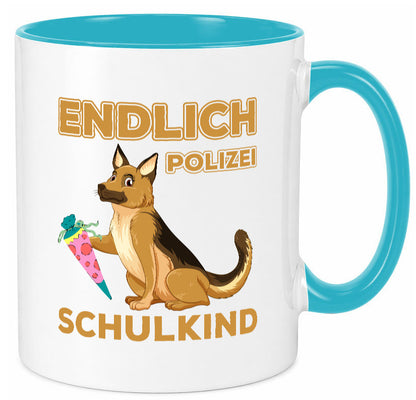 Endlich Schulkind | Tasse Einschulung Polizei Hund lustiger Spruch Geschenk