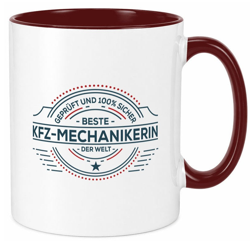 Geprüft und sicher: KFZ-Mechanikerin | Mechaniker lustig Humor Geschenkidee Tasse