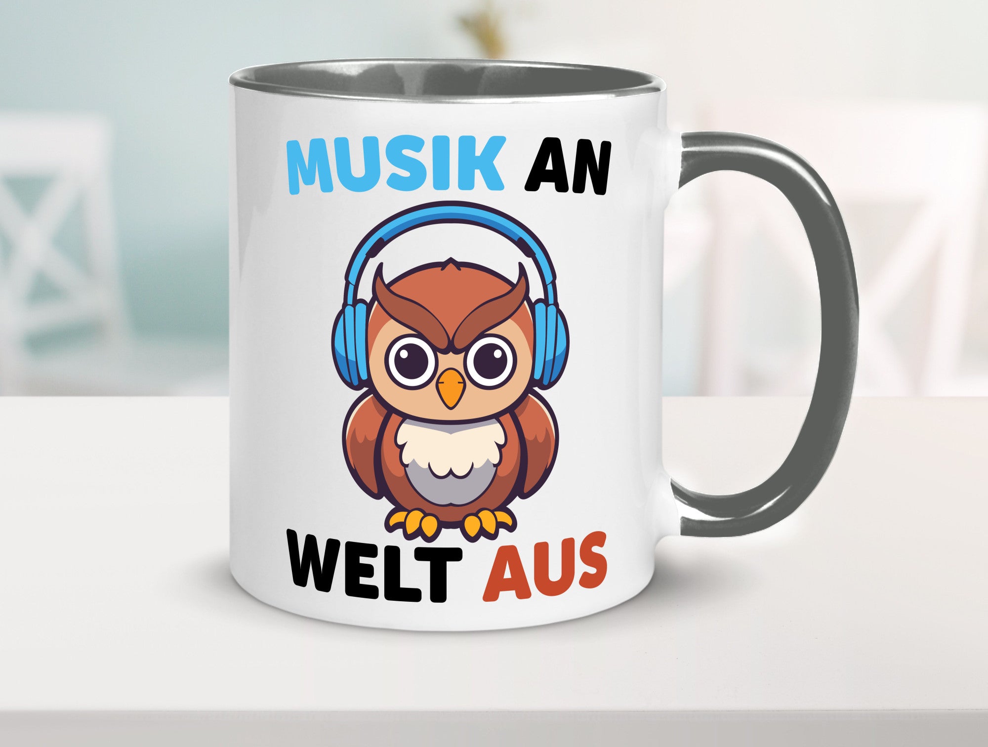 Musik an Welt aus | Eule hört lustiger Spruch Geschenk Humor Geschenkidee Tasse