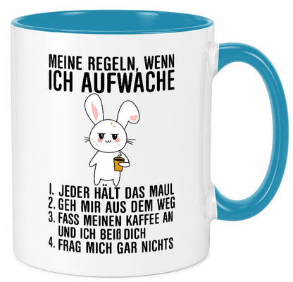 Regeln wenn ich aufwache | Morgenmuffel Hase Kaffee Geschenk Humor Geschenkidee Tasse
