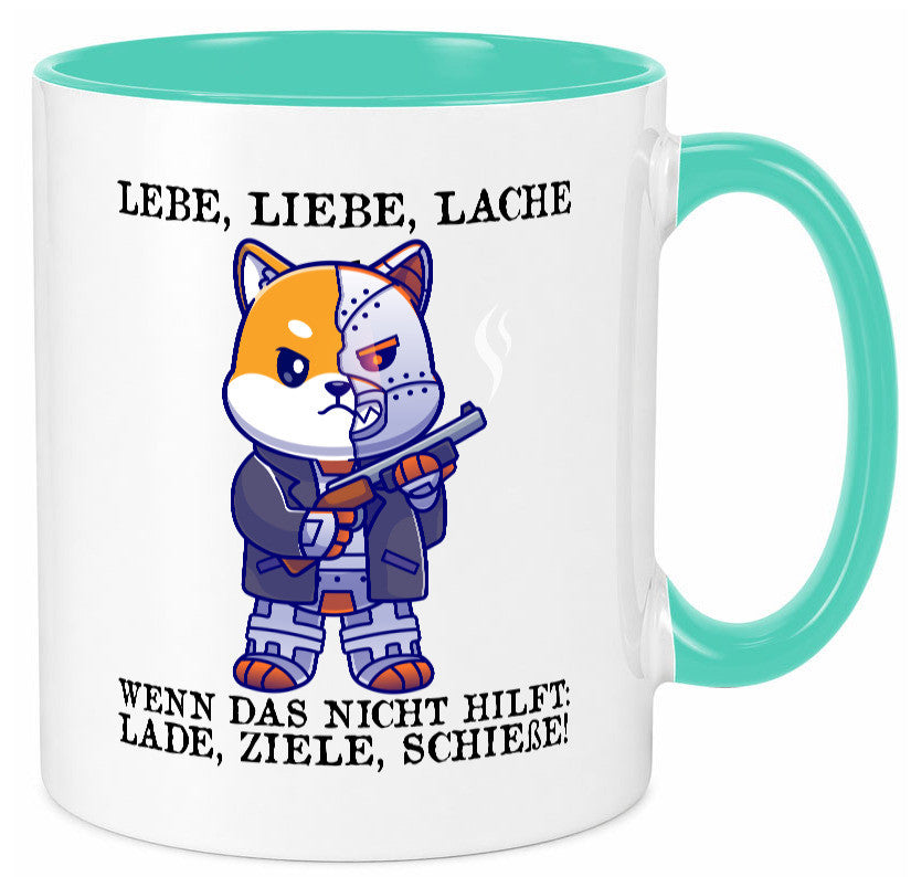 Lebe Liebe Lache | Sarkasmus Katze mit Gewehr Comic Geschenk Tierliebhaber
