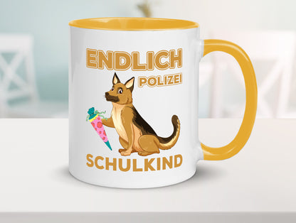 Endlich Schulkind | Tasse Einschulung Polizei Hund lustiger Spruch Geschenk