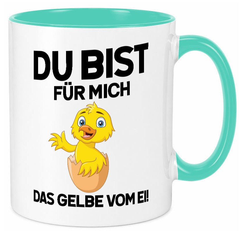Das Gelbe vom Ei | süßes Küken Eierschale am Kopf Comic v2 lustiger Spruch Tasse