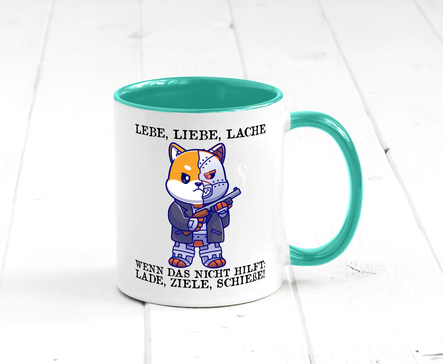 Lebe Liebe Lache | Sarkasmus Katze mit Gewehr Comic Geschenk Tierliebhaber
