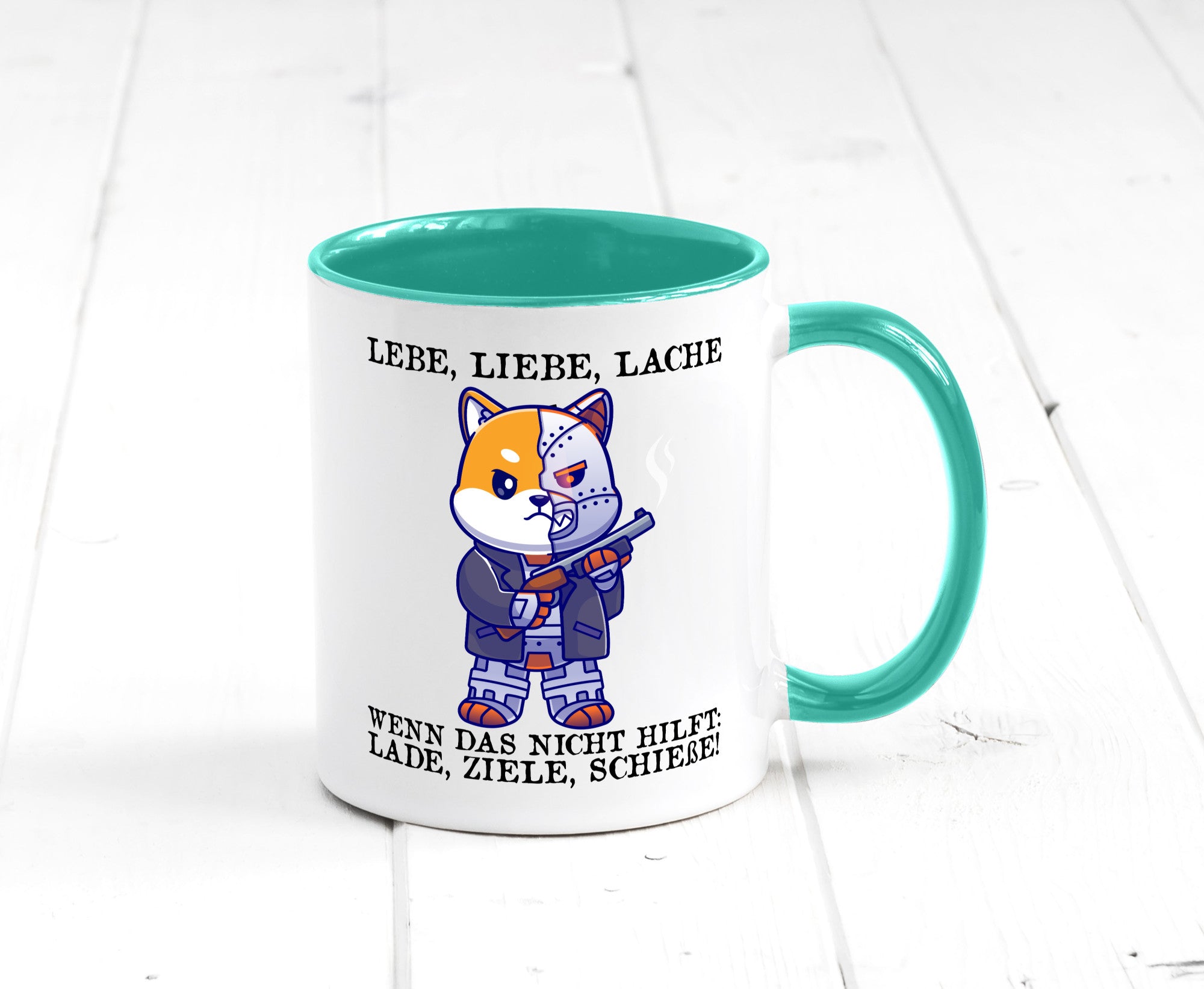 Lebe Liebe Lache | Sarkasmus Katze mit Gewehr Comic Geschenk Tierliebhaber