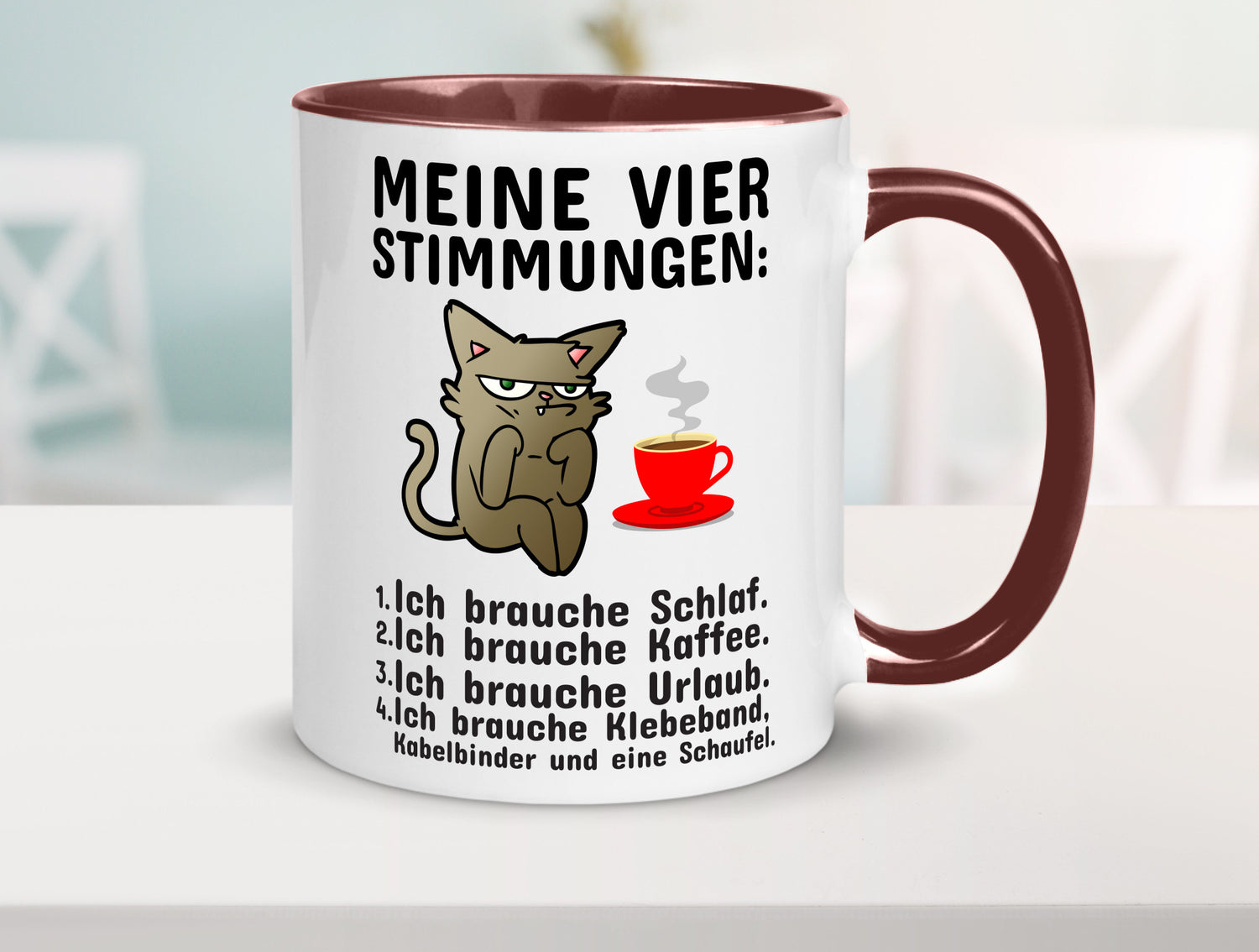 Vier Stimmungen | Morgenmuffel Tasse mürrische Katze Humor Tierliebhaber
