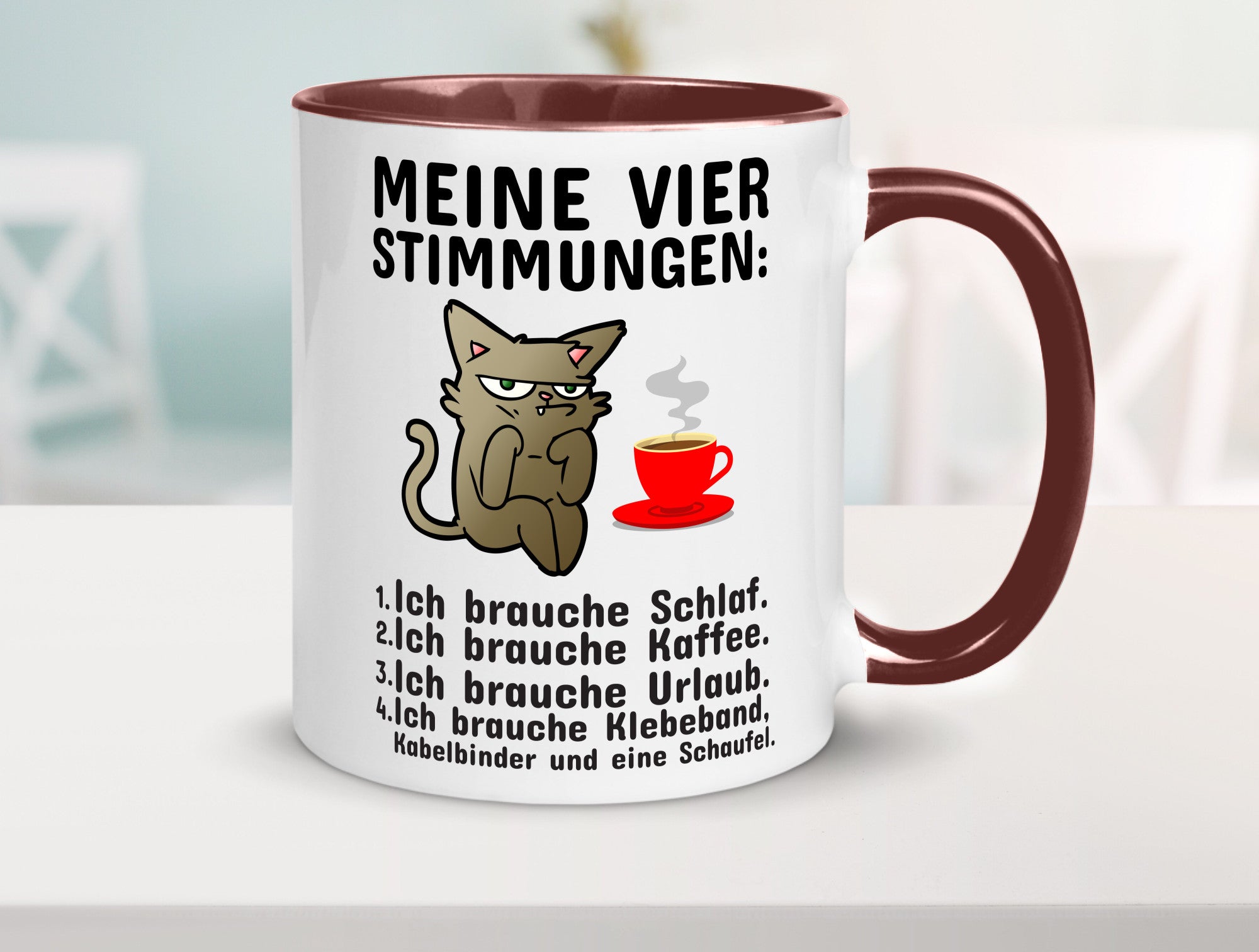 Vier Stimmungen | Morgenmuffel Tasse mürrische Katze Humor Tierliebhaber