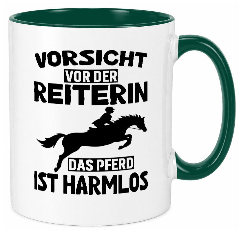 Vorsicht vor der Reiterin das Pferd ist Harmlos lustig Humor Geschenkidee Tasse