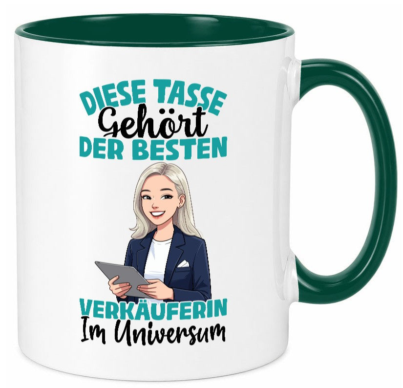 Im Universum: Verkäuferin| Kollegin | Verkaufsjob lustiger Spruch Geschenk Tasse