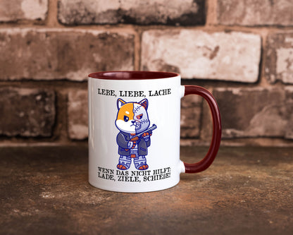 Lebe Liebe Lache | Sarkasmus Katze mit Gewehr Comic Geschenk Tierliebhaber