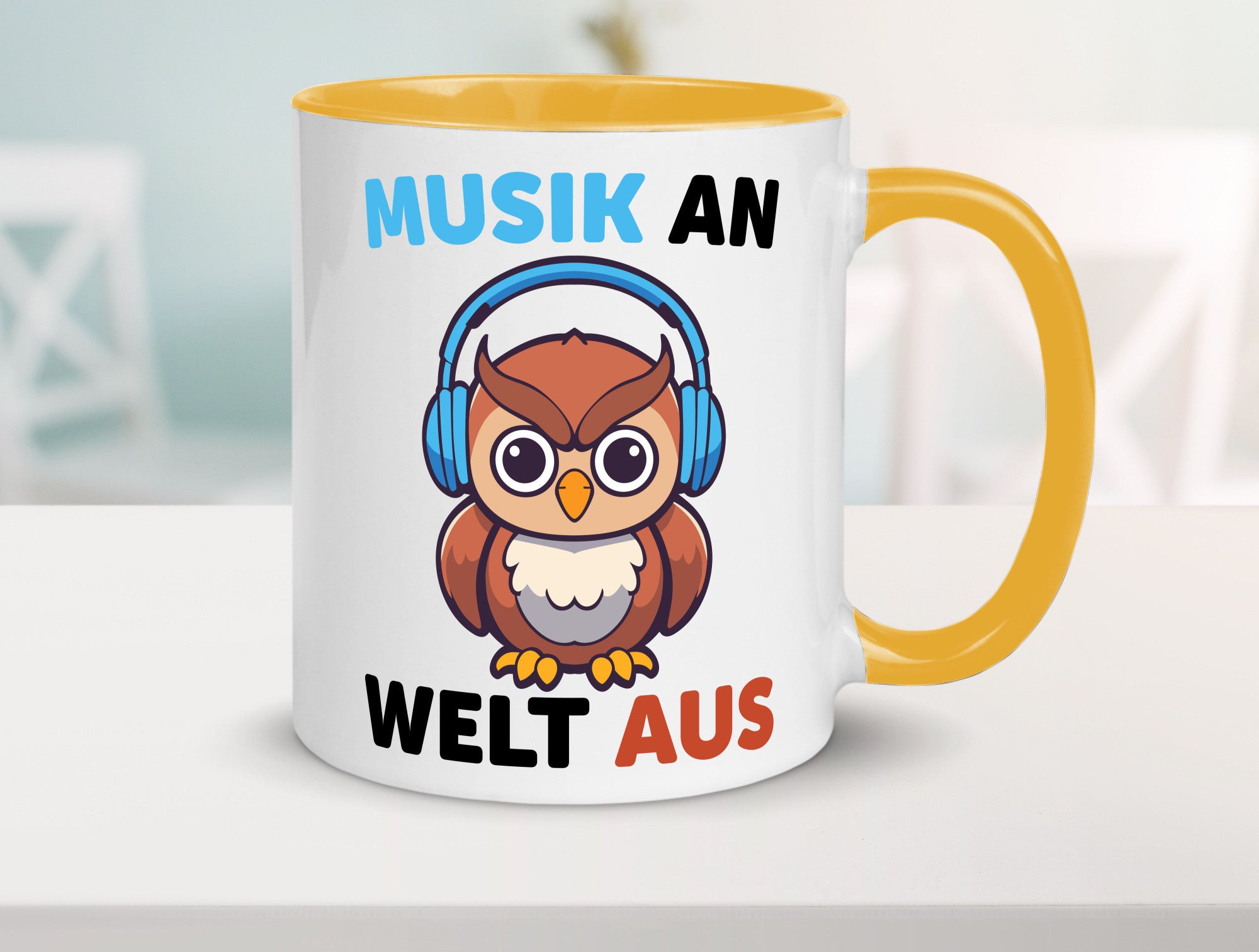 Musik an Welt aus | Eule hört lustiger Spruch Geschenk Humor Geschenkidee Tasse