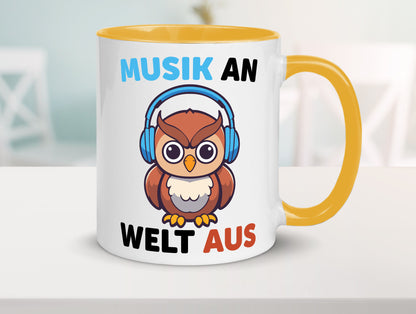 Musik an Welt aus | Eule hört lustiger Spruch Geschenk Humor Geschenkidee Tasse