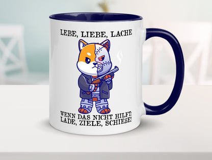 Lebe Liebe Lache | Sarkasmus Katze mit Gewehr Comic Geschenk Tierliebhaber