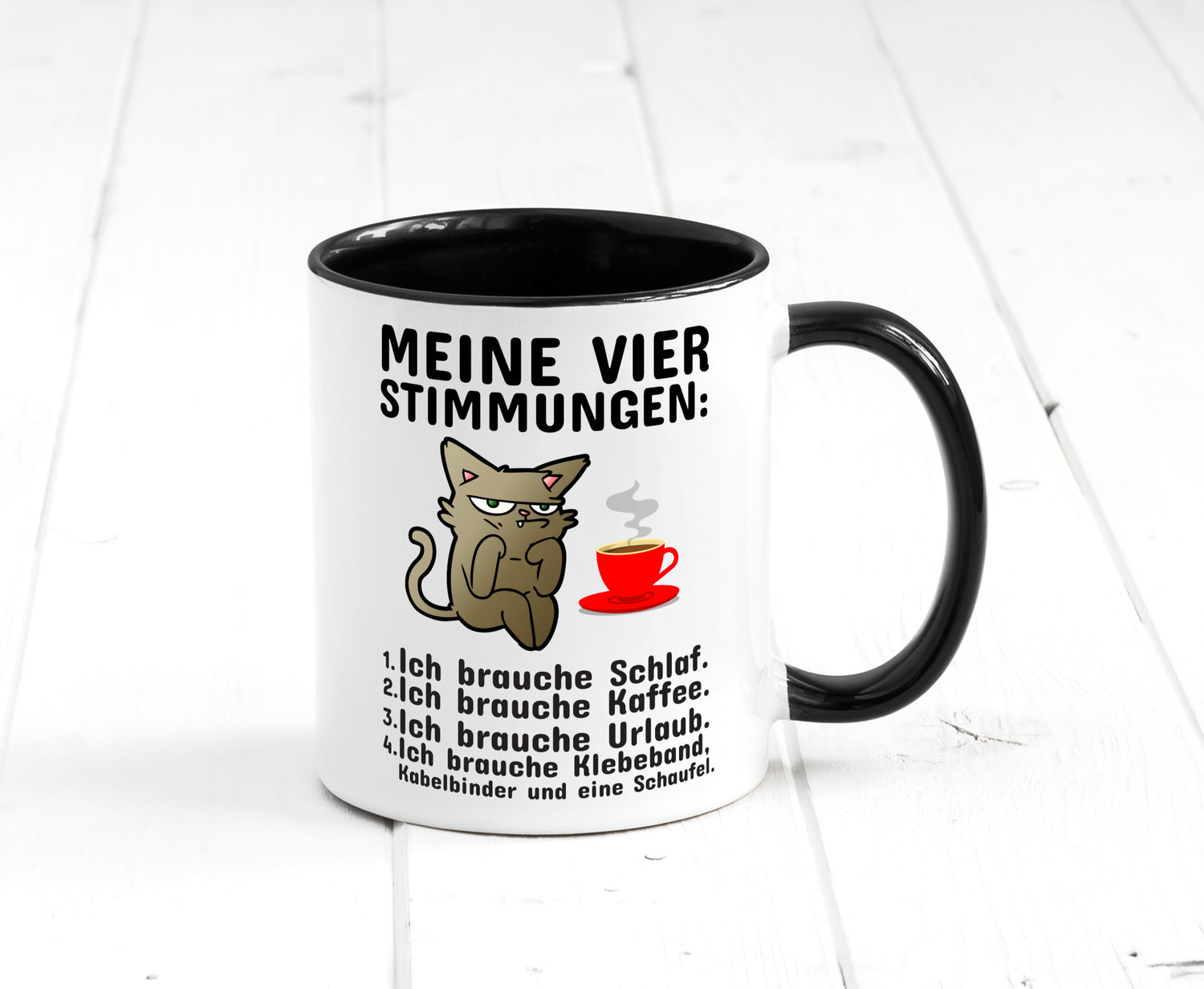 Vier Stimmungen | Morgenmuffel Tasse mürrische Katze Humor Tierliebhaber