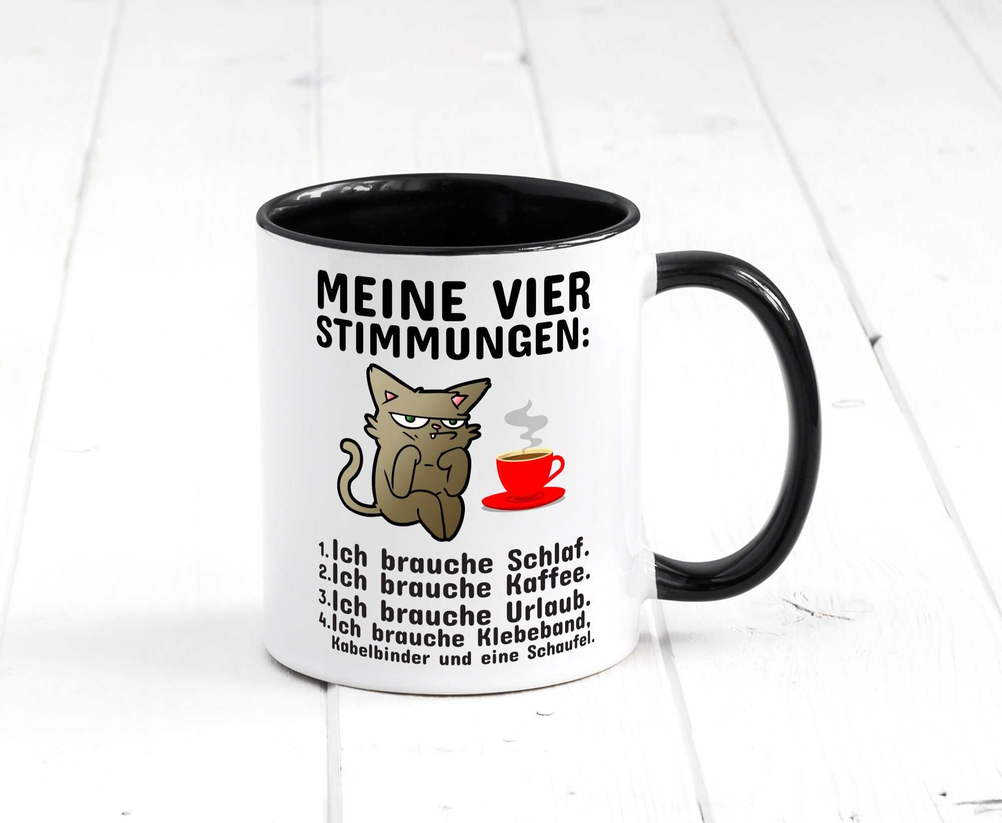 Vier Stimmungen | Morgenmuffel Tasse mürrische Katze Humor Tierliebhaber